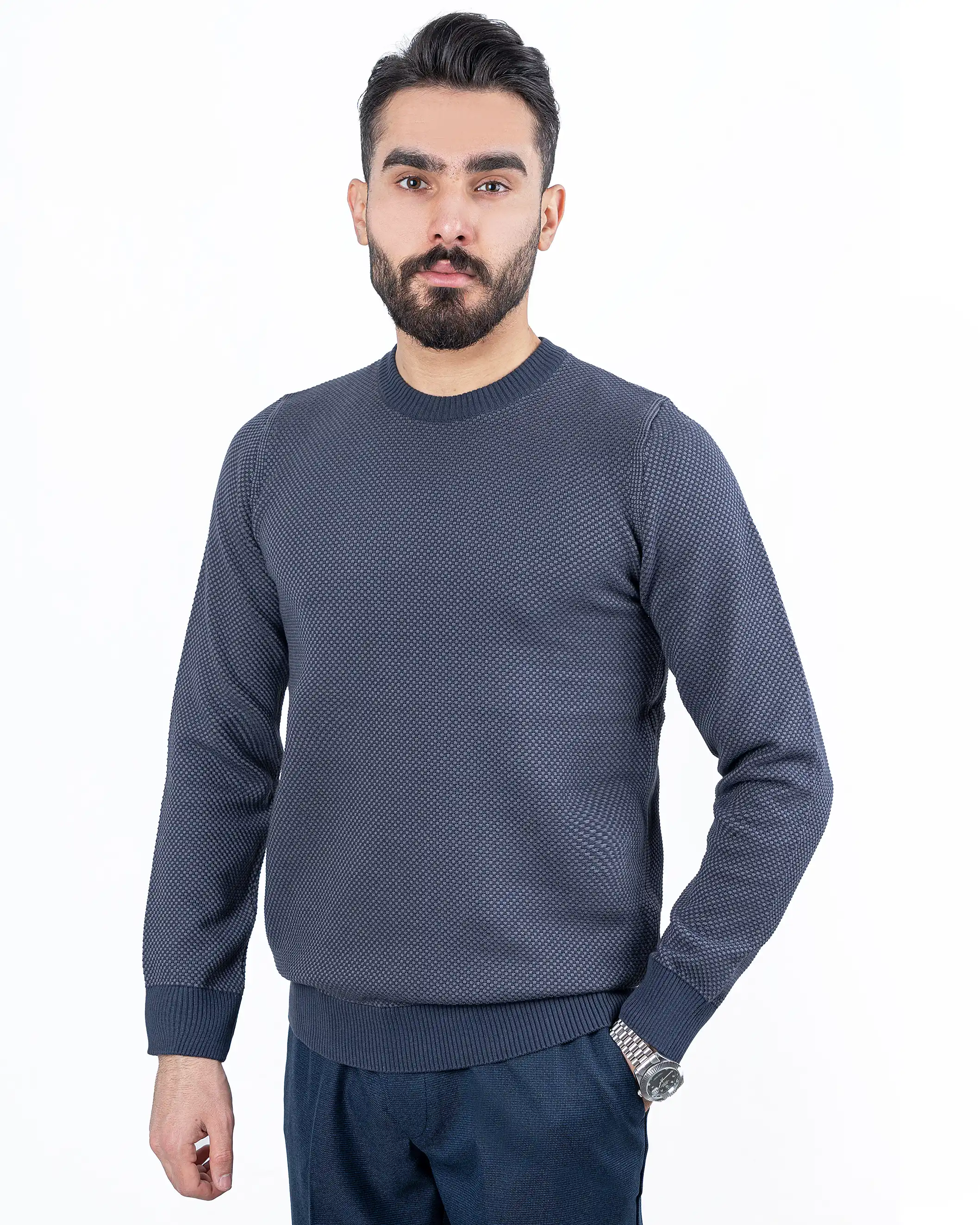 پلیور یقه گرد بافت شطرنجی ریز